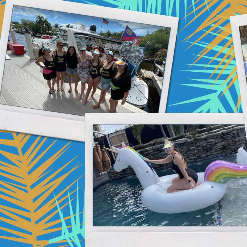 a woman is laying on an inflatable animal in the water. featuring Boca Raton and boat parties in Boca Raton